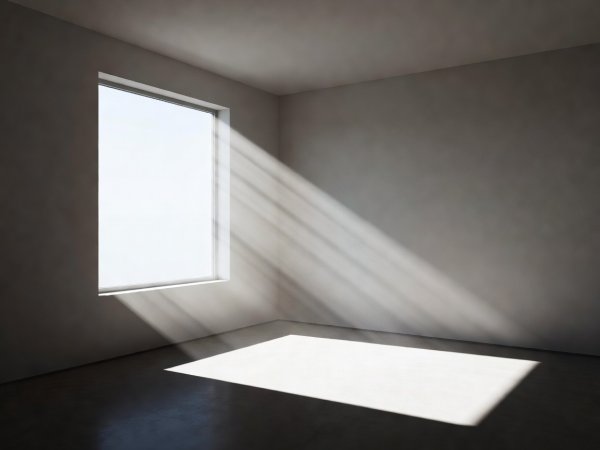 3D-havainnekuva huoneesta suorassa auringonpaisteessa, jossa lattialle syntyy jyrkkiä valolaikkuja ja syviä varjoja